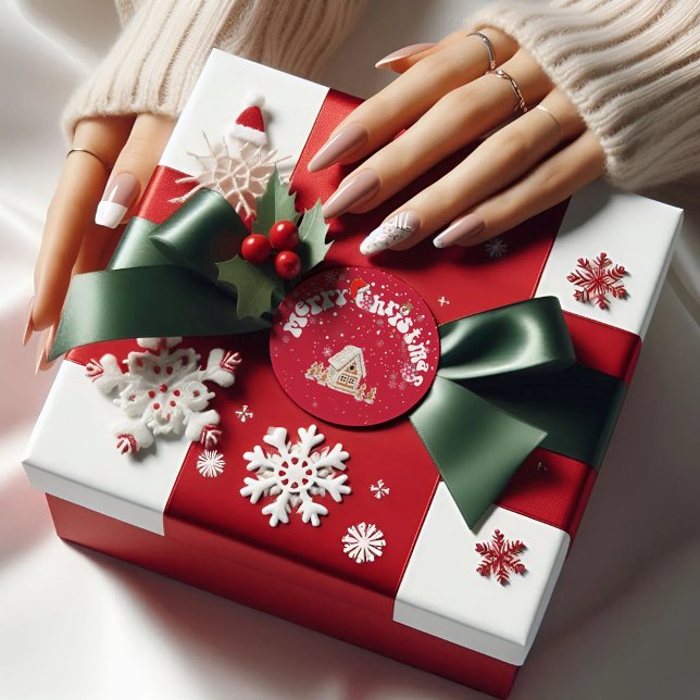 Modern Red Curved Graffiti Merry Christmas  Classic Round Sticker (Creator Uploaded)