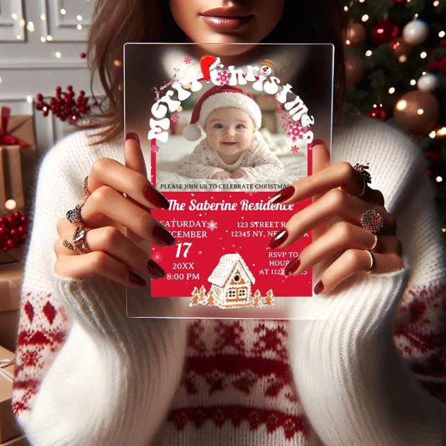 Modern Red Curved Graffiti Merry Christmas Photos  Acrylic Invitations (Creator Uploaded)