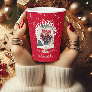 Modern Red Curved Graffiti Merry Christmas Photos  Paper Cups