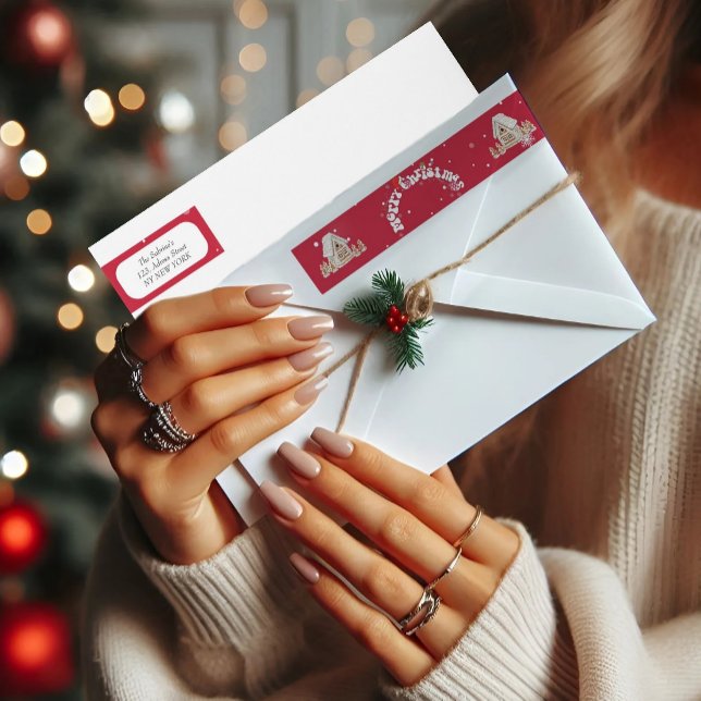 Modern Red Curved Graffiti Merry Christmas  Wrap Around Label (Creator Uploaded)