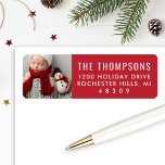 Modern Red Custom Christmas Photo Address Label<br><div class="desc">A vibrant red background pairs with crisp white serif caps for the family name on this modern Christmas photo return address label. Add a custom holiday photo on the left for a bold,  festive finishing touch on your seasonal mailings. The photo,  name,  and address are easy to personalize.</div>