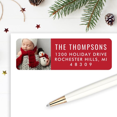 Modern Red Custom Christmas Photo Return Address Label