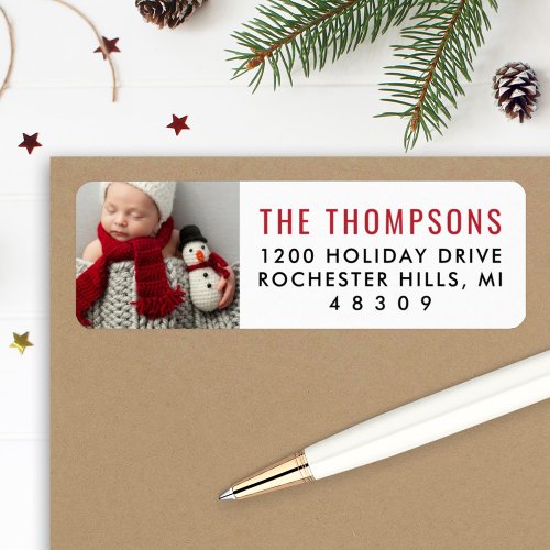 Modern Red Custom Christmas Photo Return Address Label