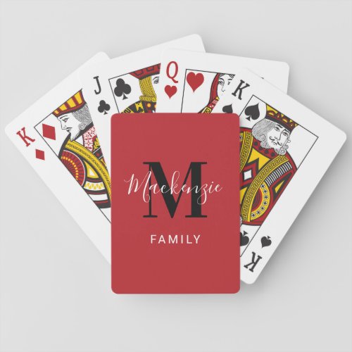 Modern Red Custom Family Monogram Initial Poker Cards