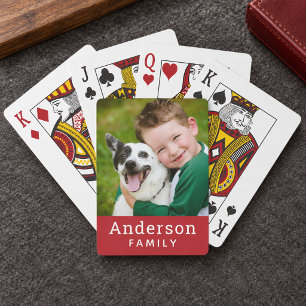 Modern Red Custom Family Name Photo Poker Cards