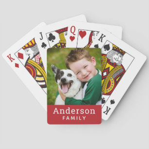 Modern Red Custom Family Name Photo Poker Cards