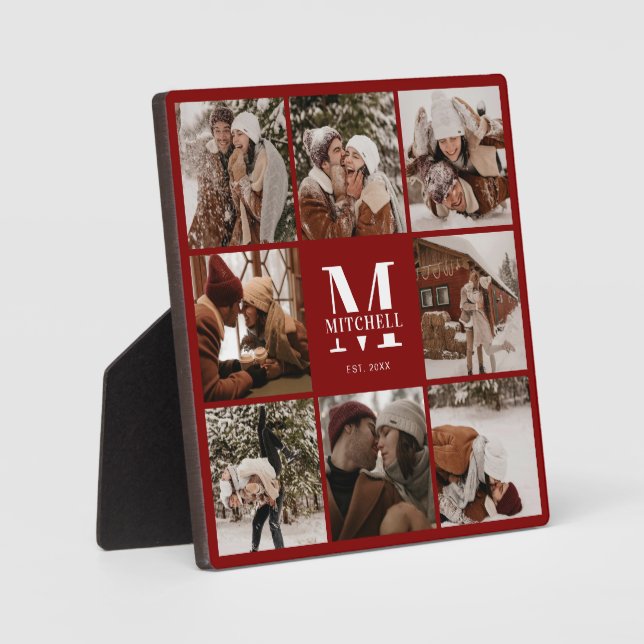 Modern Red Custom Family Photo Collage | Monogram Plaque (Front)