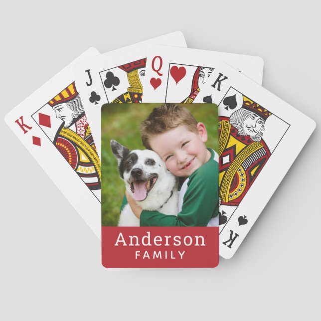 Modern Red Custom Family Photo Poker Cards (Back)