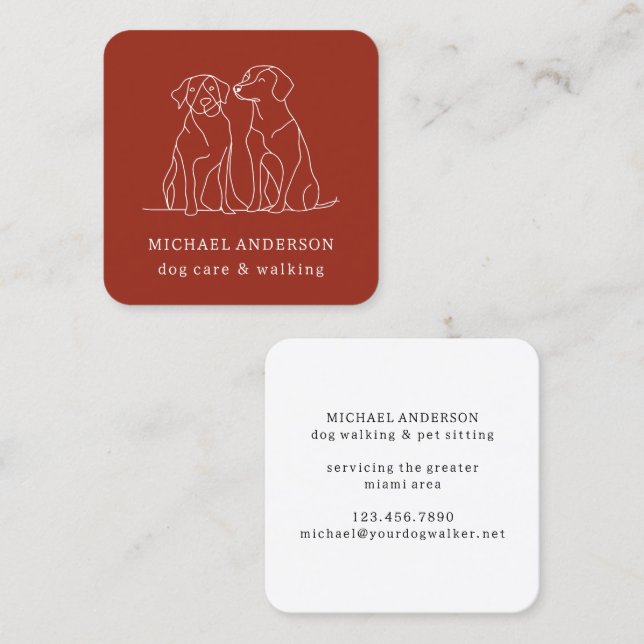 Modern Red Dog Walking Dog Walker Pet Sitter Square Business Card (Front/Back)