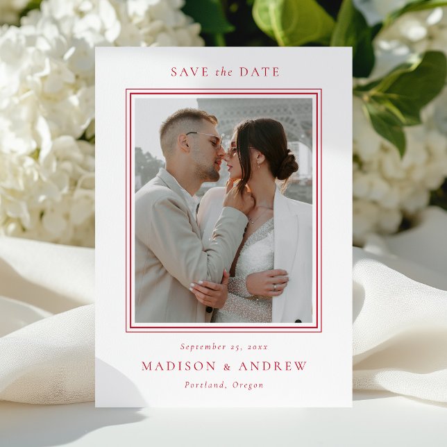 Modern Red Double Border 2 Photo Wedding Save The Date (Creator Uploaded)