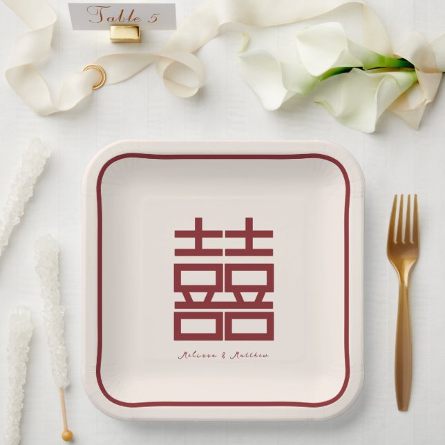 Modern Red Double Happiness Chinese Wedding Paper Plates (Wedding)