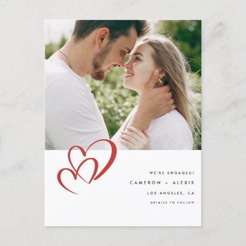 Modern Red Double Heart Photo Engagement Announcement Postcard