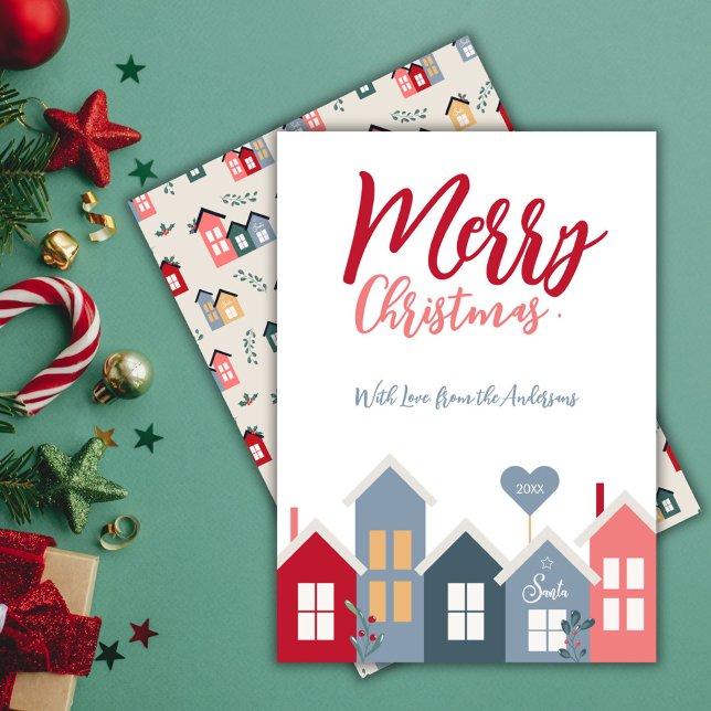 Modern Red Dusty Blue Santa Village Merry Christma Holiday Card (Merry Christmas Santa Houses Red Green Pattern Holiday Card)