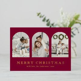 Modern Red Elegant Arch Photo Collage Christmas Foil Holiday Card