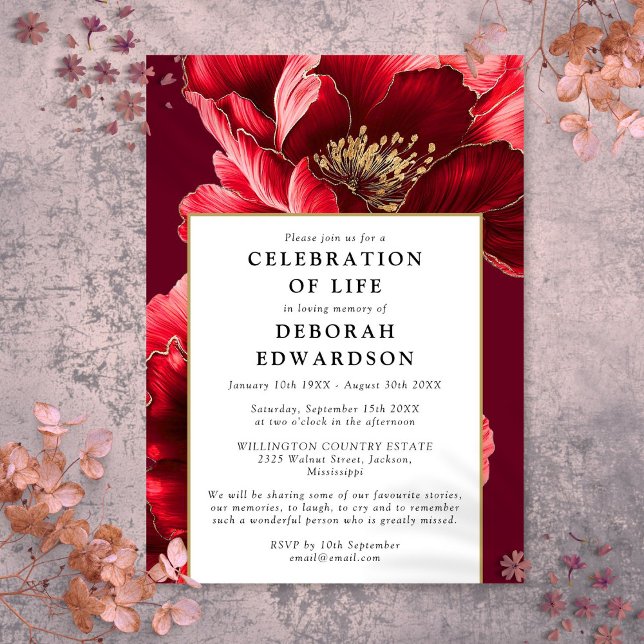 Modern Red Elegant Floral Celebration Of Life Invitation (Modern Red Elegant Floral Celebration Of Life Invitation)