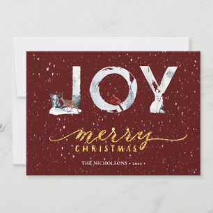 Modern Red Elegant Gold Script JOY Snow Overlay Holiday Card