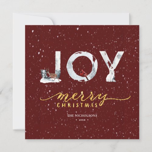 Modern Red Elegant Gold Script JOY Snow Overlay Holiday Card