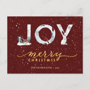Modern Red Elegant Gold Script JOY Snow Overlay Holiday Postcard
