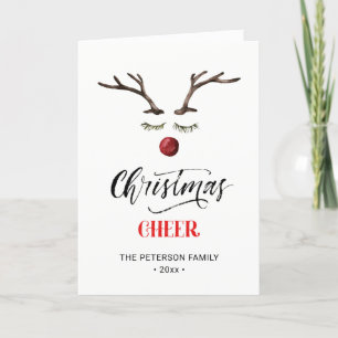 Modern Red Elegant Script Christmas CHEER Reindeer Holiday Card