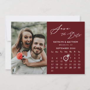 Modern Red Elegant Script Custom Calendar Photo Save The Date