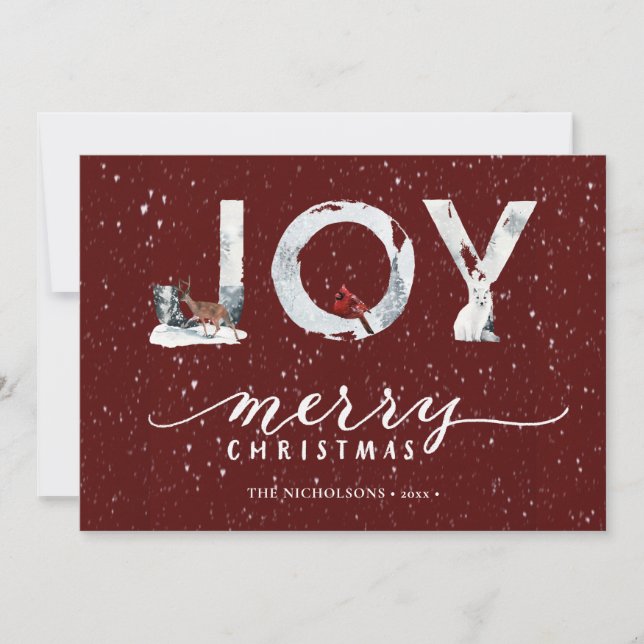 Modern Red Elegant Script JOY Winter Snow Scene Holiday Card (Front)