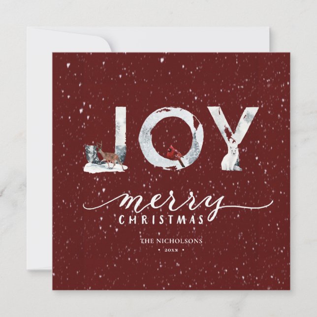 Modern Red Elegant Script JOY Winter Snow Scene Holiday Card (Front)