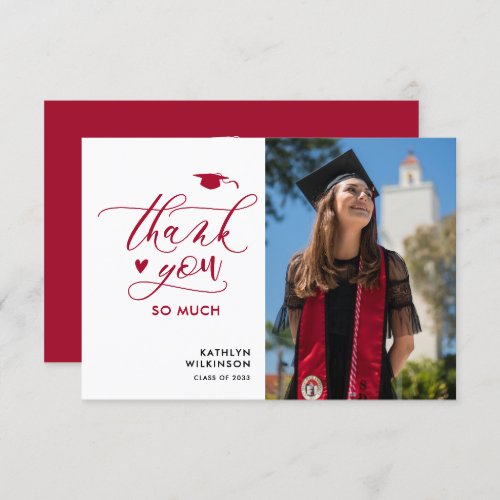 Modern Red Elegant Script Photo Simple Graduation Thank You Card