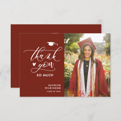 Modern Red Elegant Script Photo Simple Graduation Thank You Card