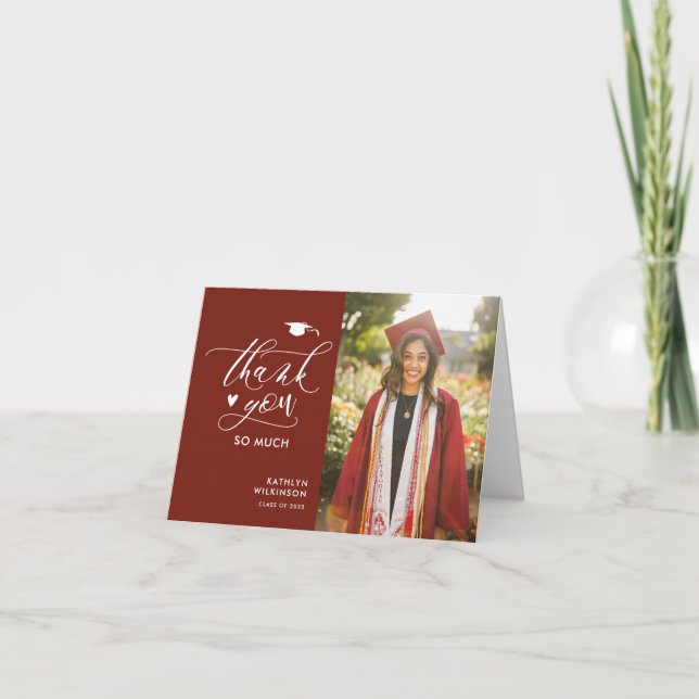 Modern Red Elegant Script Simple Graduation Letterpress Thank You Card (Front)