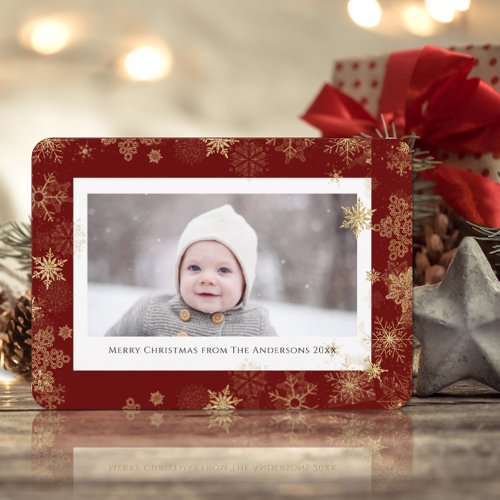 Modern Red Elegant Script Snowflakes Bokeh Overlay Holiday Card