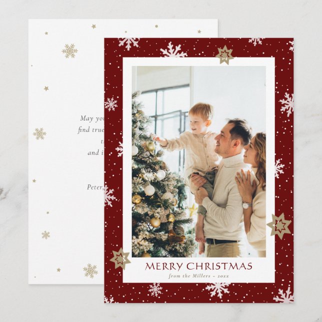 Modern Red Family Photo Merry Christmas Cards (Front/Back)