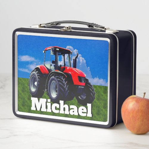 Modern Red Farm Tractor Metal Lunch Box