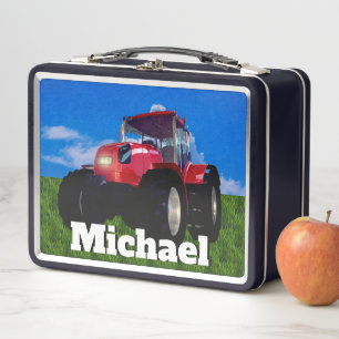 Modern Red Farm Tractor Metal Lunch Box