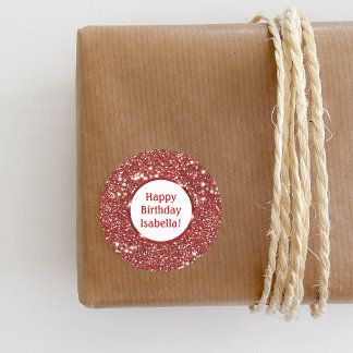 Modern Red Faux Glitter Look Custom Happy Birthday Classic Round Sticker