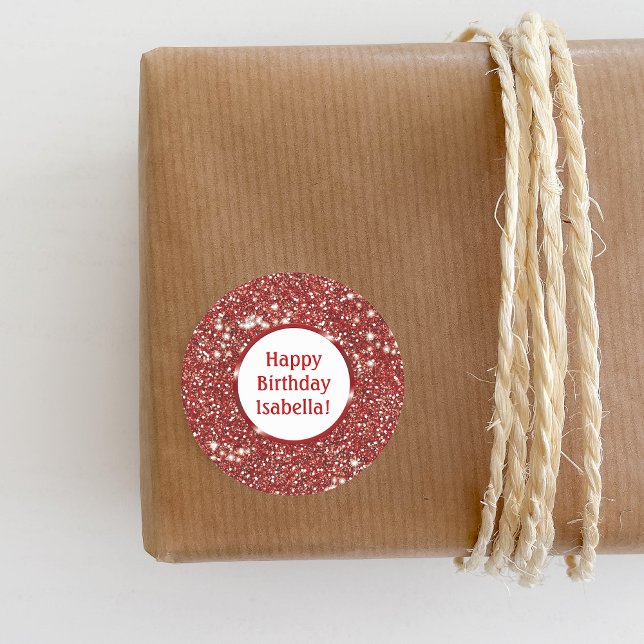 Modern Red Faux Glitter Look Custom Happy Birthday Classic Round Sticker (Ideal for decorating birthday presents or party favors, for example.)