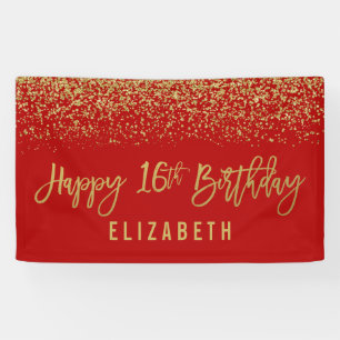 Modern Red Faux Gold Glitter 16th Birthday Banner