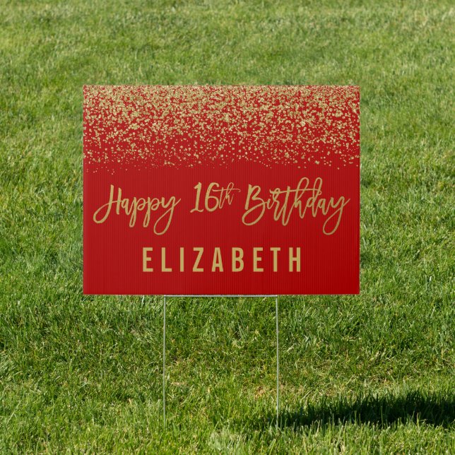 Modern Red Faux Gold Glitter 16th Birthday Yard Sign (Insitu)