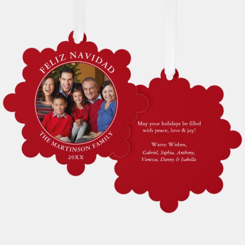 Modern Red Feliz Navidad Photo Ornament Card