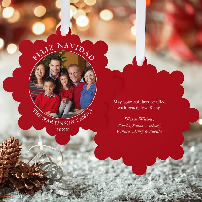 Modern Red Feliz Navidad Photo Ornament Card (A greeting card that is also an ornament! Customize with your photo and personalized text.)