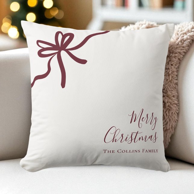 Modern Red Festive Bow Script Merry Christmas Throw Pillow (Modern Red Festive Bow Script Merry Christmas Throw Pillow)