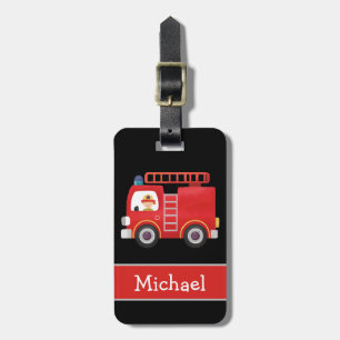 Modern Red Fire Truck Personalized Name Black Luggage Tag