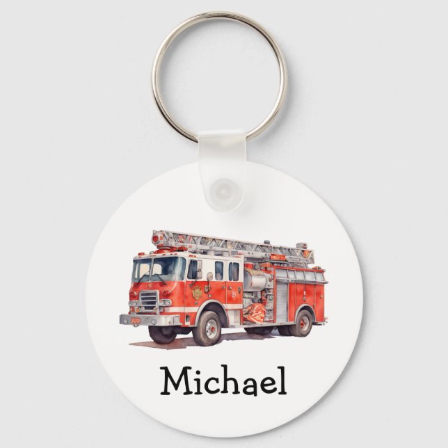 Modern Red Fire Truck Personalized Name Keychain (Front)