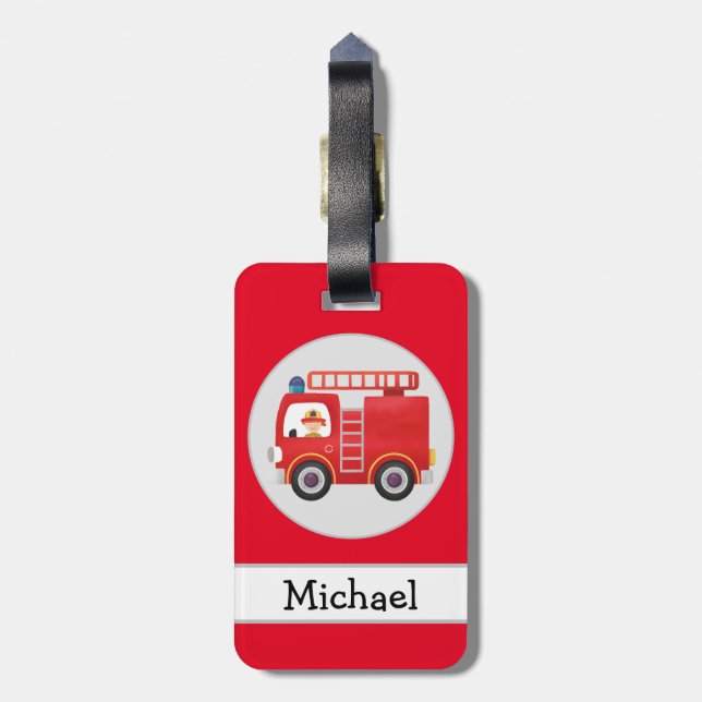 Modern Red Fire Truck Personalized Name  Luggage Tag (Back Vertical)