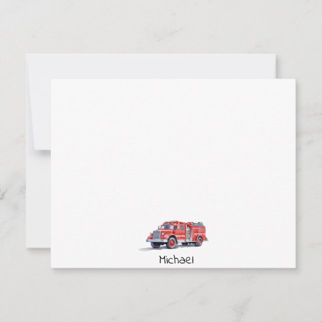 Modern Red Fire Truck Personalized Name Note Card (Front)