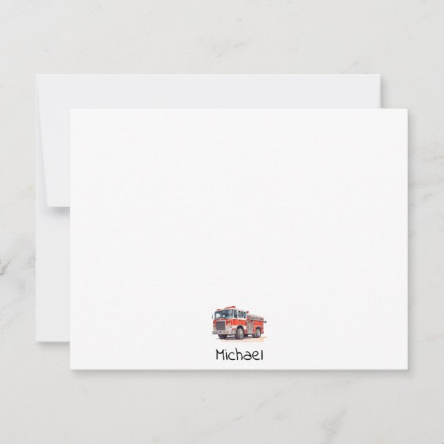 Modern Red Fire Truck Personalized Name Note Card (Front)
