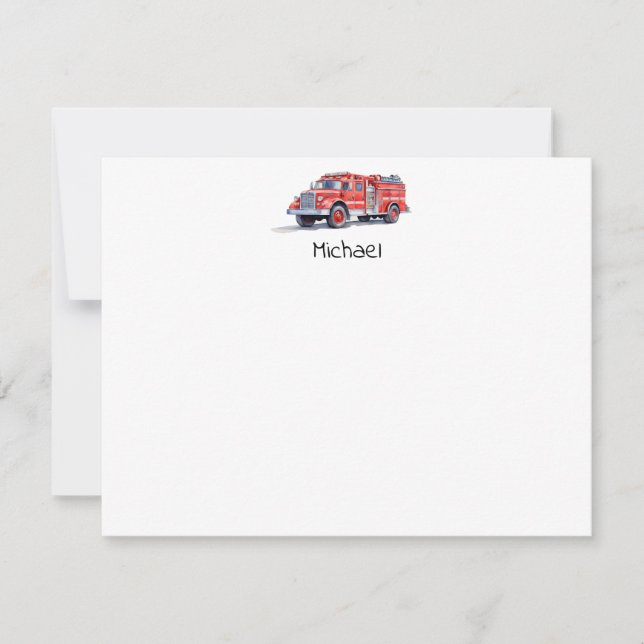 Modern Red Fire Truck Personalized Name Note Card (Front)