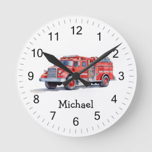 Modern Red Fire Truck Personalized Name Round Clock
