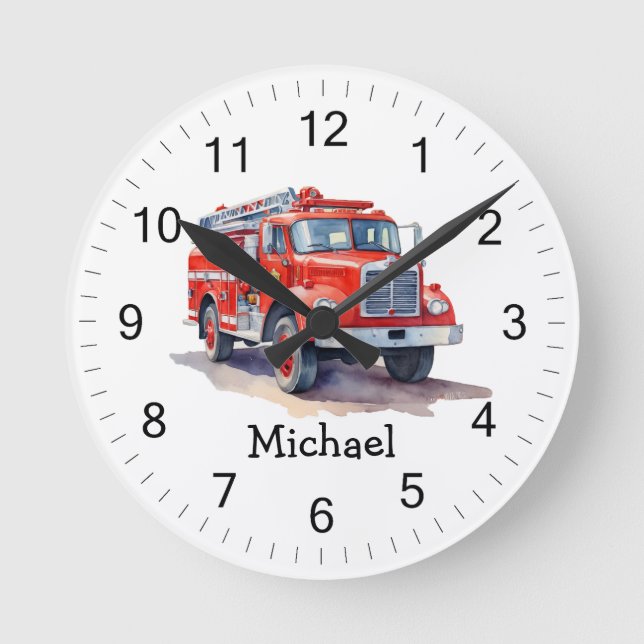 Modern Red Fire Truck Personalized Name Round Clock (Front)