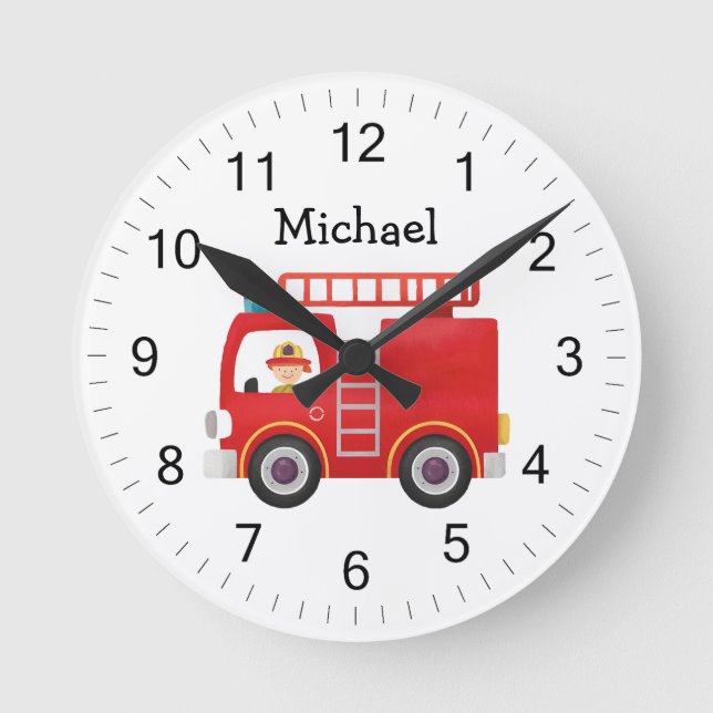 Modern Red Fire Truck Personalized Name Round Clock (Front)