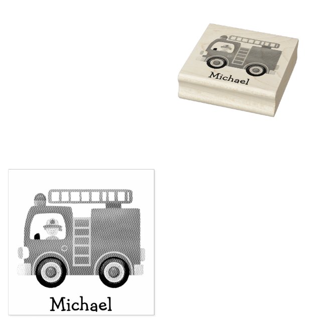 Modern Red Fire Truck Personalized Name  Rubber Stamp (Stamped)